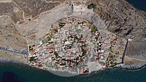 Aerial view of the old town of Monemvasia in Lakonia of Peloponnese, Greece