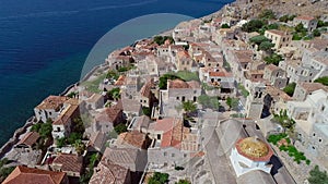 Aerial view of the old town of Monemvasia in Lakonia of Peloponnese, Greece