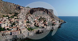 Aerial view of the old town of Monemvasia in Lakonia of Peloponnese, Greece