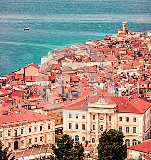 Aerial view of old town Piran. Picturesque spring morning on Adriatic Sea. Beautiful cityscape of Slovenia, Europe. Traveling