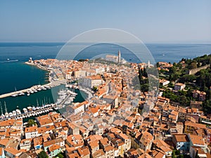 Aerial view of old town Piran, Slovenia, Europe. Summer vacations tourism concept background.