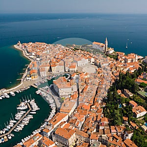 Aerial view of old town Piran, Slovenia, Europe. Summer vacations tourism concept background.