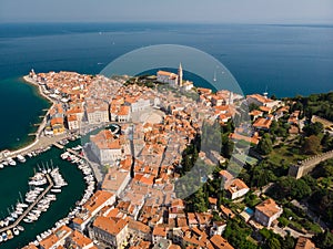 Aerial view of old town Piran, Slovenia, Europe. Summer vacations tourism concept background.