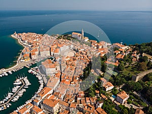 Aerial view of old town Piran, Slovenia, Europe. Summer vacations tourism concept background.