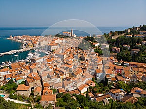 Aerial view of old town Piran, Slovenia, Europe. Summer vacations tourism concept background.