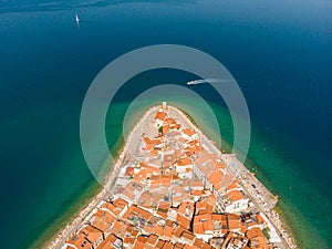 Aerial view of old town Piran, Slovenia, Europe. Summer vacations tourism concept background. photo