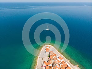 Aerial view of old town Piran, Slovenia, Europe. Summer vacations tourism concept background. photo