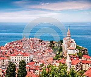 Aerial view of old town Piran. Splendid spring morning on Adriatic Sea. Beautiful cityscape of Slovenia, Europe. Traveling concept