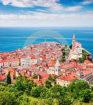 Aerial view of old town Piran. Splendid spring morning on Adriatic Sea. Beautiful cityscape of Slovenia, Europe. Traveling concept