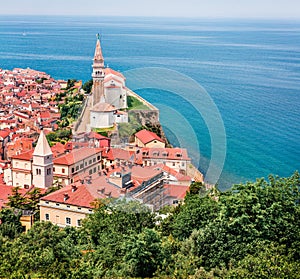 Aerial view of old town Piran. Splendid spring morning on Adriatic Sea. Beautiful cityscape of Slovenia, Europe. Traveling concept