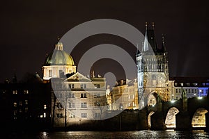 Aerial view of Old Town and Prague Castle at sunset in Prague, Czech Republic Prague bridges at dusk, shot from a bird`s eye view