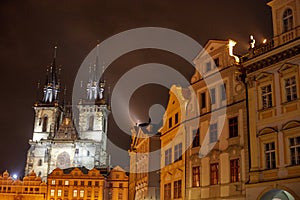 Aerial view of Old Town and Prague Castle at sunset in Prague, Czech Republic Prague bridges at dusk, shot from a bird`s eye view