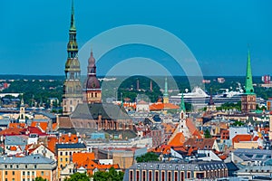 Aerial view of the old town of riga including saint peters churc