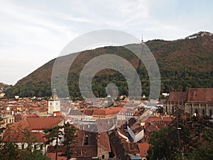 Aerial view of the old town of romanian city brasov taken from the citadel hill.