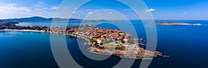 Aerial view of the old town of Sozopol, the Black Sea and mountains, Bulgaria