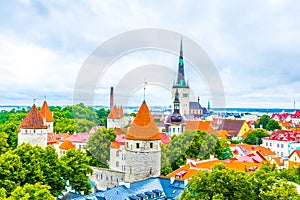 Aerial view of the old town of Tallin dominated by Saint Olaf church, estonia....IMAGE