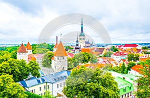 Aerial view of the old town of Tallin dominated by Saint Olaf church, estonia....IMAGE