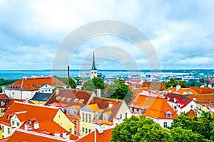 Aerial view of the old town of Tallin dominated by Saint Olaf church, estonia....IMAGE
