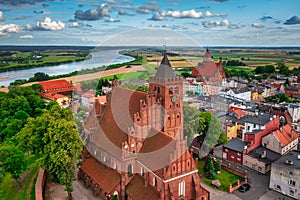Aerial view of the old town with the Teutonic castle and the church in Nowe by the Vistula river. Poland