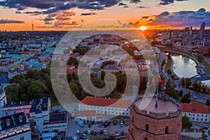 Aerial view of the old town of Vilnius, Lithuania on a beautiful sunset background