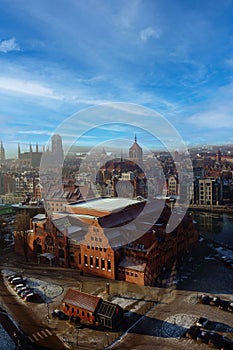 Aerial view of the old town in winter in Gdansk, Poland