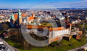 Aerial view of old Wawel Castle by the river in Krakov