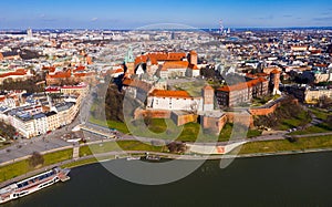 Aerial view of old Wawel Castle by the river in Krakov