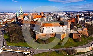 Aerial view of old Wawel Castle by the river in Krakov