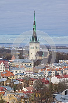 Aerial view of Oleviste St.Olaf church in old city of Tallinn photo