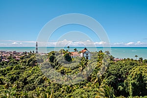 Aerial view of Olinda Lighthouse and Church of Our Lady of Grace, Catholic Church built in 1551, Olinda, Pernambuco, Brazil