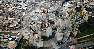 Aerial view of Olite cityscape with ancient fortified Palace of Kings of Navarre, Spain