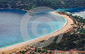 Aerial view of Oludeniz beach, Fethiye district, Turkey. Turquoise Coast of southwestern Turkey. Blue Lagoon on Lycian Way.