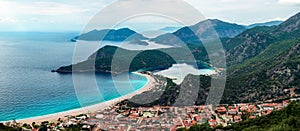 Aerial view of Oludeniz Beach, Fethiye district, Turkey. Turquoise Coast of southwestern Turkey. Blue Lagoon on Lycian Way.