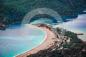 Aerial view of Oludeniz beach, Fethiye district, Turkey. Turquoise Coast of southwestern Turkey. Blue Lagoon on Lycian Way