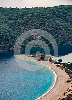 Aerial view of Oludeniz beach, Fethiye district, Turkey. Turquoise Coast of southwestern Turkey. Blue Lagoon on Lycian Way.