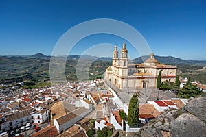 Aerial view of Olvera with Church of Nuestra Senora de la Encarnacion - Olvera, Andalusia, Spain