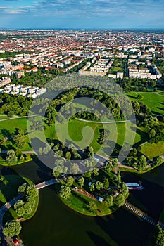 Aerial view of Olympiapark . Munich, Bavaria, Germany