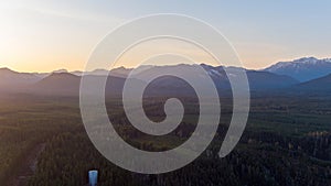 Aerial view of the Olympic Mountains at sunset from Potlatch, Washington in March 2023
