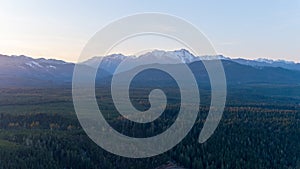 Aerial view of the Olympic Mountains at sunset from Potlatch, Washington in March 2023