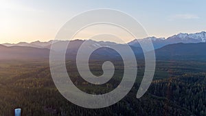 Aerial view of the Olympic Mountains at sunset from Potlatch, Washington in March 2023