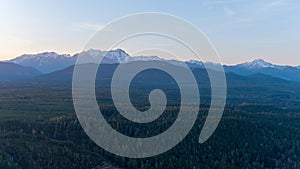 Aerial view of the Olympic Mountains at sunset from Potlatch, Washington in March 2023