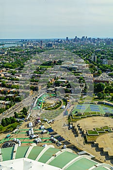 Aerial view of the Olympic park and the city, in Montreal