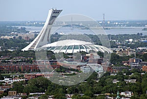 Aerial view of The Olympic Stadium & Montreal city in Quebec, Canada.