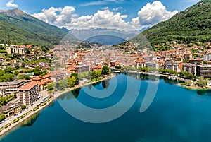 Aerial view of Omegna, located on the coast of Lake Orta in Piedmont, Italy