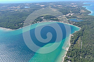 Aerial view of the Omena Bay in Traverse City, Michigan photo