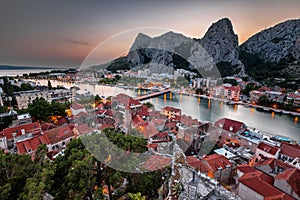 Aerial View on Omis and Cetina River Gorge in the Evening