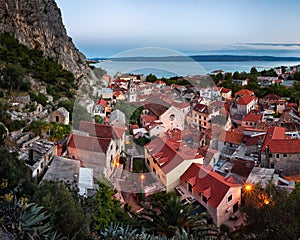 Aerial View of Omis and Church of the Holy Cross in the Evening,