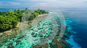 An aerial view of a once majestic coral reef now bleached and lifeless due to the effects of acid rain on the oceans pH