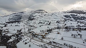 Aerial view of one of the snowiest towns in northern Spain