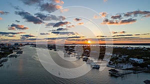Aerial view of Ono Island in Orange Beach, Alabama and Perdido Key beach in Pensacola, Florida at sunset